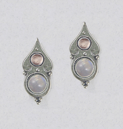 Sterling Silver Gothic Look Post Stud Earrings With Rainbow Moonstone And Rose Quartz